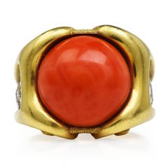 Retro Diamond Genuine Coral 18K Yellow Gold Cloud Design Cocktail Ring