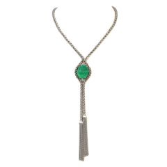 Vintage GIA 62.25 Ct Cabochon Emerald Diamond 18K Gold Tassel Lariat Rope Necklace 