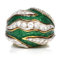 Vintage Retro Diamond Green Enamel 18K Gold Channeled Dome Cocktail Ring