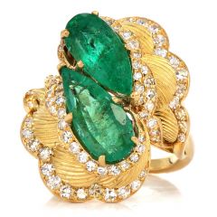 Vintage Diamond Emerald 18K Yellow Gold Bypass Textured Flower Cocktail Ring