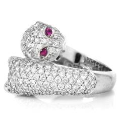 Estate Diamond Ruby 14K White Gold Bypass Panther Cheetah Cocktail Ring