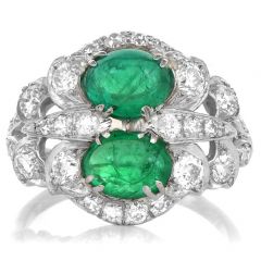 Antique Art Deco Diamond Cabochon Emerald Platinum Floral Geometric Cocktail Ring