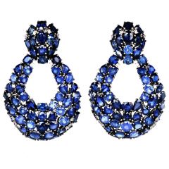 Estate 50ct Blue Sapphire Diamond 18K Gold Hoop Drop Earrings 