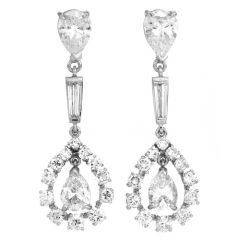 Estate Diamond Platinum Floral Halo Dangle Drop Earrings 