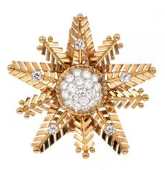 Vintage French  Snowflake 18K Rose Gold Diamond Cluser Pin