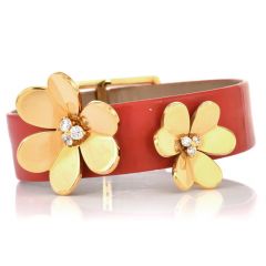 Van Cleef & Arpels "Frivole" Diamond 18K Yellow Gold Flower Leather Bracelet