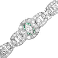 Antique Art Deco Diamond Emerald Platinum Rounded Geometric Link Bracelet