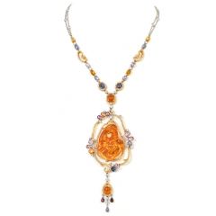 Signed 52.86 ct Fire Opal Diamond Multicolor Sapphire 18K Gold Drop Pendant Necklace