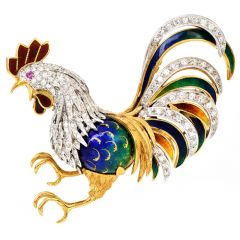 Vintage itallian Retro Diamond Ruby, Enamel 18k Gold Rooster Pin brooch