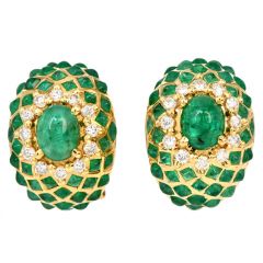 Estate Emerald Diamond Cluster Dome 18k Gold  Clip-on Earrings 