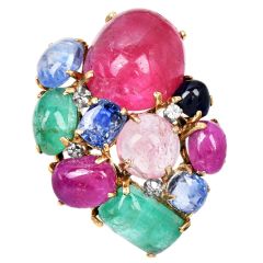 Vintage Seaman Schepps Precious Gemstone Diamond 18K Gold Cluster Brooch