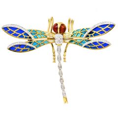 Modern Plique-a-jour Enamel Butterfly Diamond 18k Gold Brooch Pin