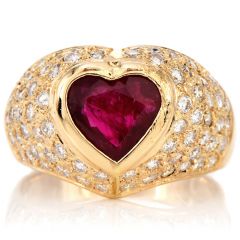 GIA Ruby Diamond 18K Yellow Gold Heart Cluster Wide Band Ring 