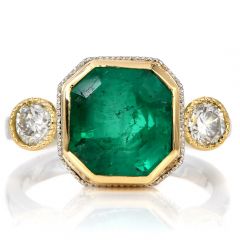 Estate Ascher-cut Emerald Diamond Platinum Three Stone 18k Gold Ring
