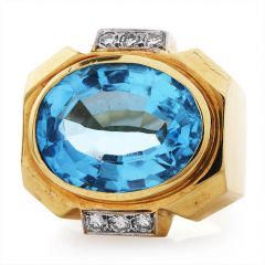 Retro Diamond Blue Topaz 14K Yellow Gold Geometric Cocktail Ring