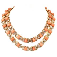 Vintage Retro Pink Coral Diamond 18K Yellow Gold Versatile Link Long Bracelet Necklace 