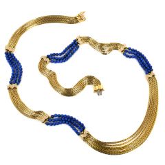 Vintage Marsha Barlow Diamond Lapis Lazuli 18K Gold Beaded Long Chain Necklace 