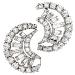 5.40cts Diamond Platinum Round Baguette Diamond Crescent  Earrings 