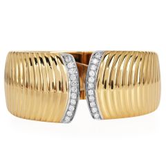 1990s High Polish Diamond Grooved 18K Gold Cuff Bracelet