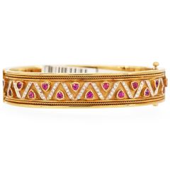 Estate Diamond Ruby 18K Gold Detailed Bangle Bracelet-Dover Jewelry