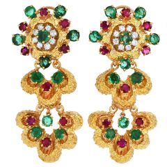 Emerald Ruby Diamond 18K Gold Flower Dangle Earrings