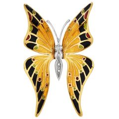 Vintage Diamond 18K Gold Enamel Butterfly Brooch Pin