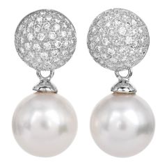 18K White Gold Diamond & 14mm Pearl Drop Earrings 