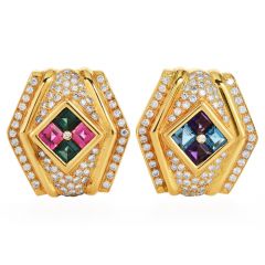 1980S Diamond Amethyst Blue Topaz 18k Gold Clip-On Earrings