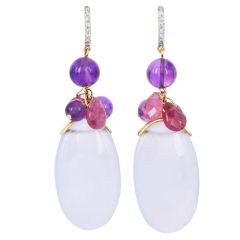 Estate Calcedony Amethyst Turmaline diamond dangle Gold earrings 