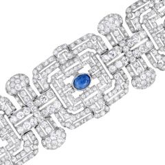 Vintage Art Deco French Diamond Sapphire Platinum Wide Bracelet