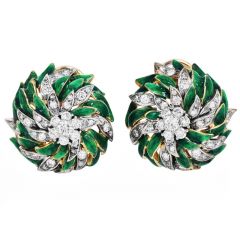 Estate Diamond 18K Gold Spring Enamel Cocktail Clip-On Earrings-Dover Jewelry