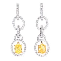 Leo Pizzo Fancy Yellow Oval Diamond Platinum 18K  Dangle Earrings|Dover Jewelry