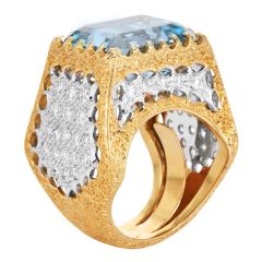 Mario Buccellati Vintage Diamond GIA Aquamarine 18K Gold Cocktail Ring