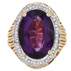 Estate Amethyst 16.98cts Diamond 14K Gold Halo Grooved Cocktail Ring 