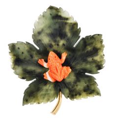CELLINO 14K Yellow gold Coral Frog Green Jade Maple Leaf Brooch|Dover Jewelry|