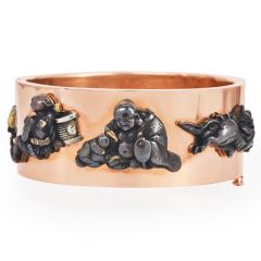 1940's Wide Gold Bangle WIth Chinese Gold Figurine Charms Bracelet|dover jewelry|