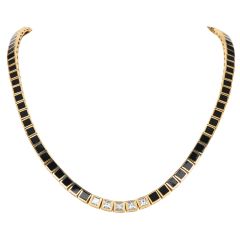 Vintage Retro Onyx & Diamond Choker Necklace – 18K Yellow Gold, Circa 1960s