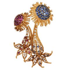 Vintage Paris Ian Dessin Diamond Ruby Sapphire 18K Floral Brooch