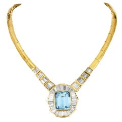 Aquamarine 36.80cts Diamond Baguette 18K Gold Collar Necklace