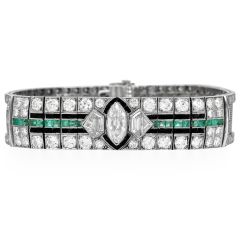 Antique Art Deco Diamond Emerald Onyx Platinum Mesh Bracelet|dover Jewelry|