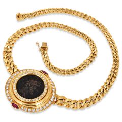 1980's Monete 18k Gold Coin Diamond Ruby Chain Necklace