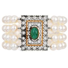 Buccellati Four-Strand Pearl Diamond Emerald 18K Bracelet