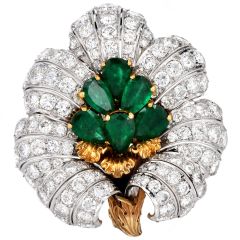 buccellati Vintage Emerald diamond 18k Gold Flower Brooch Pin