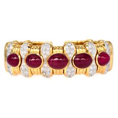 GIA No Heat Ruby Cabochon Diamond 18K Gold Cuff Bracelet