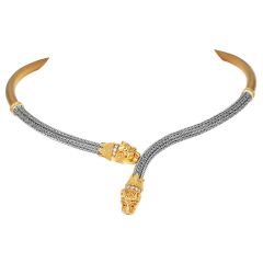 Estate Lion Head Diamond Ruby 18K Two-Tone Gold Choker Necklace