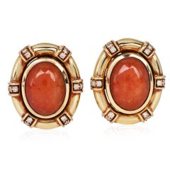 1950s Orange Jadeite Diamond Oval 14k Gold Statement Earrings 