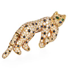 Panther Sapphire Diamond Emerald 18K Gold Cat Brooch