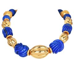 Vintage 1960S Carved Lapis Lazuli 18K Yellow Gold Large Choker Necklace