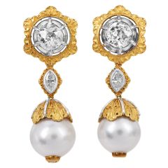 Buccellati Old Mine Cut Diamond & Pearl 18K Gold Drop Day Night Earrings