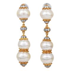 Vintage Buccellati Pearl Diamond 18K Dangle Drop Earrings|Dover Jewelry|